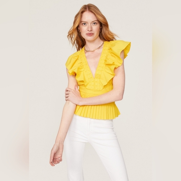 Ramy Brook Womens Emilia Top Size Medium Yellow Peplum V-Neck Vacation Bright - Picture 1 of 15